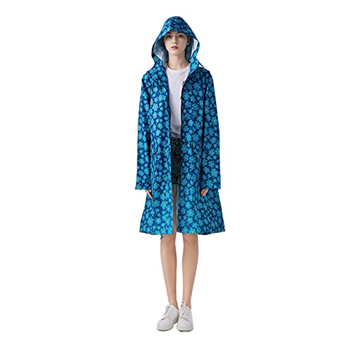 Freesmily Damen Stilvoller langer Regenmantel mit wasserdichter Regenjacke mit Kapuze (Blaue Blume, L) von Freesmily