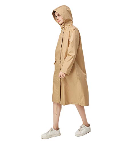 Freesmily Damen Stilvoller langer Regenmantel mit wasserdichter Regenjacke mit Kapuze (Khaki, L) von Freesmily