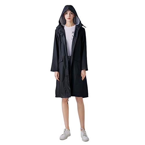 Freesmily Damen Stilvoller langer Regenmantel mit wasserdichter Regenjacke mit Kapuze (Schwarz, L) von Freesmily