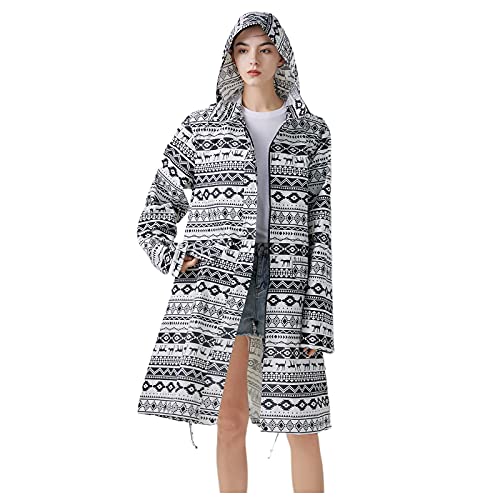 Freesmily Damen Stilvoller langer Regenmantel mit wasserdichter Regenjacke mit Kapuze (Schwarzer Hund, XL) von Freesmily