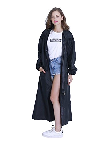 Freesmily Damen stilvolle lange raincoat mit kapuze und multi-farbmuster groß schwarz von Freesmily