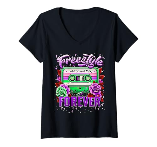 Damen Freestyle Music Retro 80er Jahre Kassette Old School Mix T-Shirt mit V-Ausschnitt Damen Freestyle Music Retro 80er Jahre Kassette Old School Mix T-Shirt mit V-Ausschnitt von Freestyle Forever Dance Concert