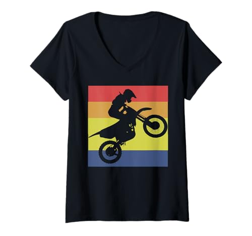 Damen Motocross-Fahrer springt Retro Geländeaktion T-Shirt mit V-Ausschnitt Damen Motocross-Fahrer springt Retro Geländeaktion T-Shirt mit V-Ausschnitt von Freestyle-Motocrossstil für Offroadfans