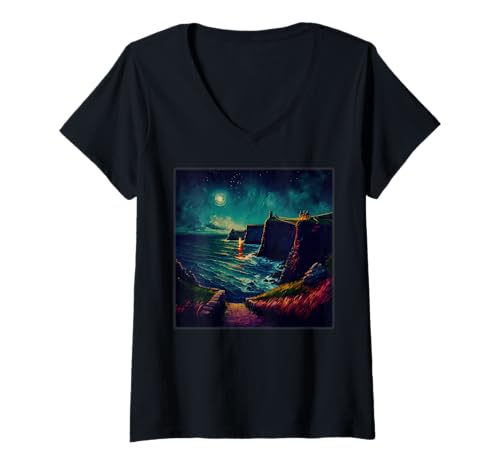 Damen Surrealismus Starry Night Cliffs of Moher T-Shirt mit V-Ausschnitt Damen Surrealismus Starry Night Cliffs of Moher T-Shirt mit V-Ausschnitt von Freestyle