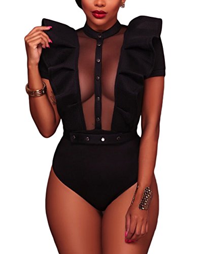 FreestyleMo Damen Body Rollkragen Bodysuit mit Knopf Rüsche Leotard Tops Overalls Jumpsuit (Small, Schwarz) von FSMO