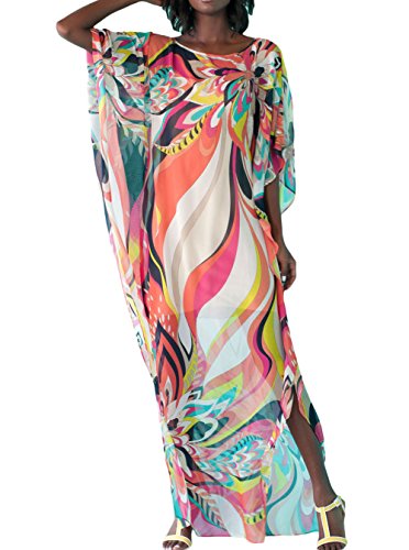 FSMO Damen Elegante Blumen Sommer Kleid Chiffon Tunika Strandkleider Lose Kaftan Smock von FSMO