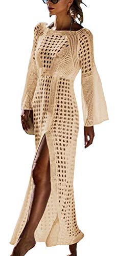 FSMO Damen Langarm Strandkleid Gestrickte Schlitz Bikini Cover Up Strandponcho Sommer Lange Kaftan Maxikleid (Einheitsgröße, Aprikose) von FSMO