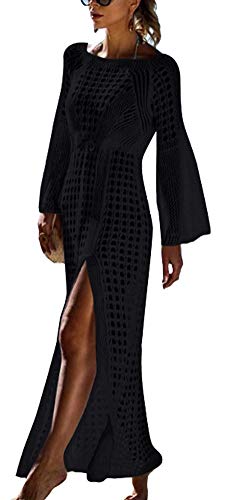 FSMODamen Langarm Strandkleid Gestrickte Schlitz Bikini Cover Up Strandponcho Sommer Lange Kaftan Maxikleid (Einheitsgröße, Schwarz) von FSMO