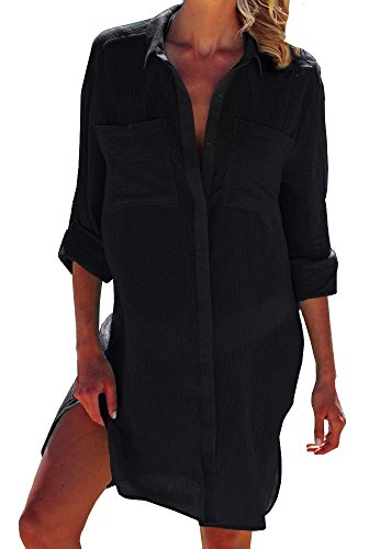 FreestyleMo Damen Langarm Strandkleid Taste Bikini Cover Up Strandponcho Sommer Longshirt Strandhemd (Einheitsgröße, Schwarz) von FSMO