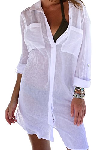 FreestyleMo Damen Langarm Strandkleid Taste Bikini Cover Up Strandponcho Sommer Longshirt Strandhemd (Medium, Weiß) von FSMO