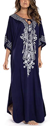 FreestyleMo Damen Strandkeid Lange Bikini Tunika Cover Up Lose Strandponcho Maxi Kimono Kaftan Sommerkleid (Einheitsgröße, Blau) von FreestyleMo