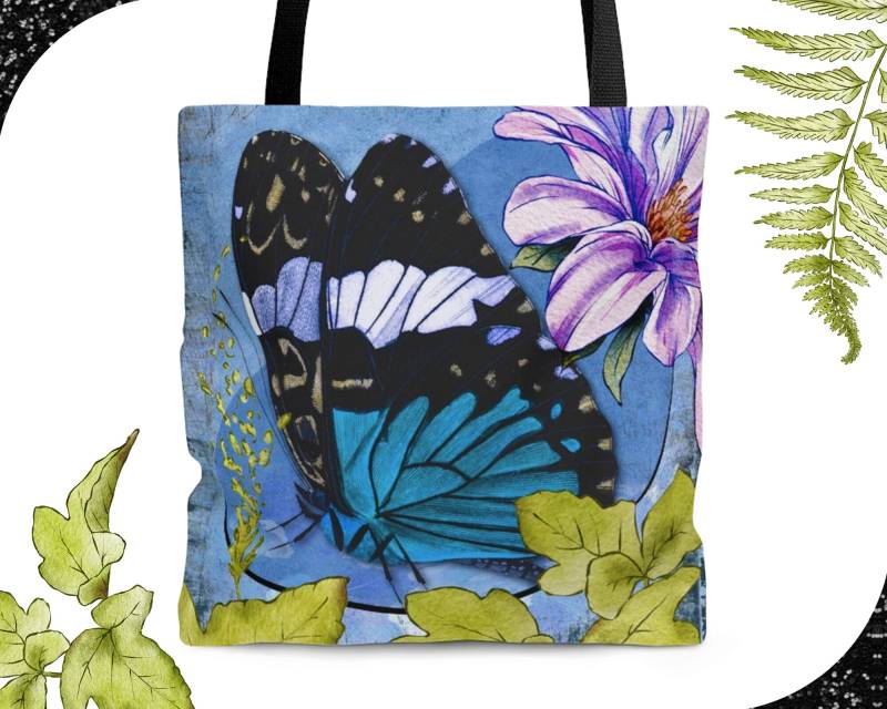 Blue Rising - Tote Bag | Boho Inspired Butterfly With Florals Artwork Chic Shoulder Rich Design von Freestylebox