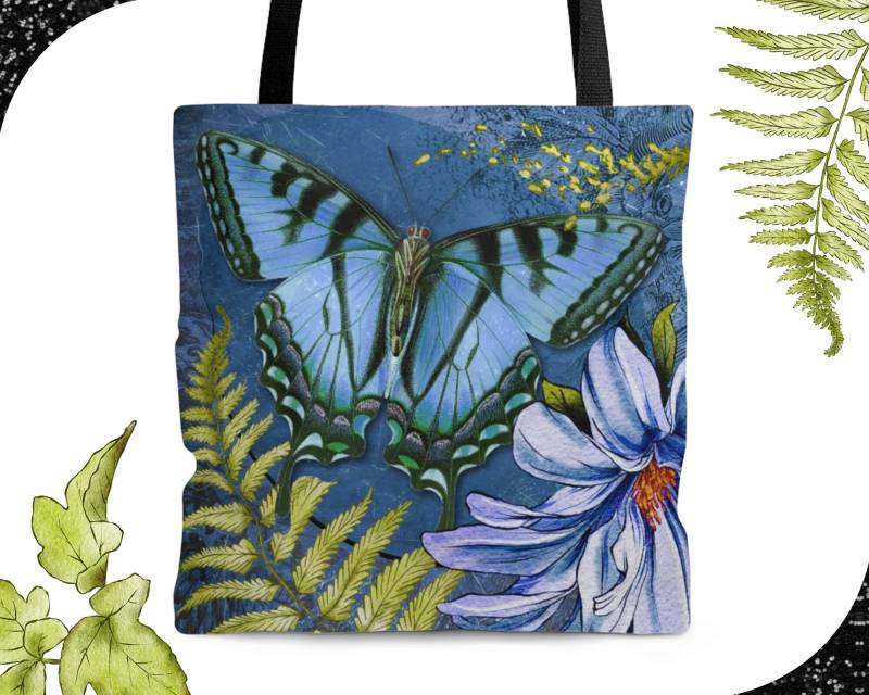 Blue Spirit - Tote Bag | Boho Inspired Butterfly With Florals Artwork Chic Shoulder Rich Design Blue Spirit - Tote Bag | Boho Inspired Butterfly With Florals Artwork Chic Shoulder Rich Design von Freestylebox