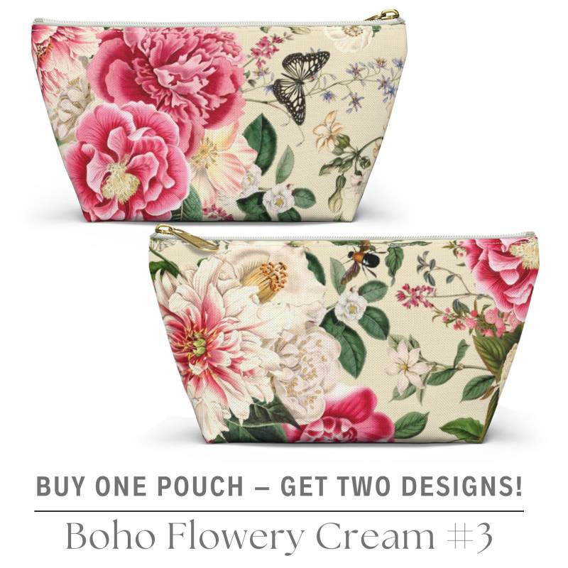 Boho Flowery #3 - Zipper Pouch | Cream | Floral Makeup Pencil Flowers Cosmetic Bag Vintage Bag, Gift For Her Bc3 von Freestylebox