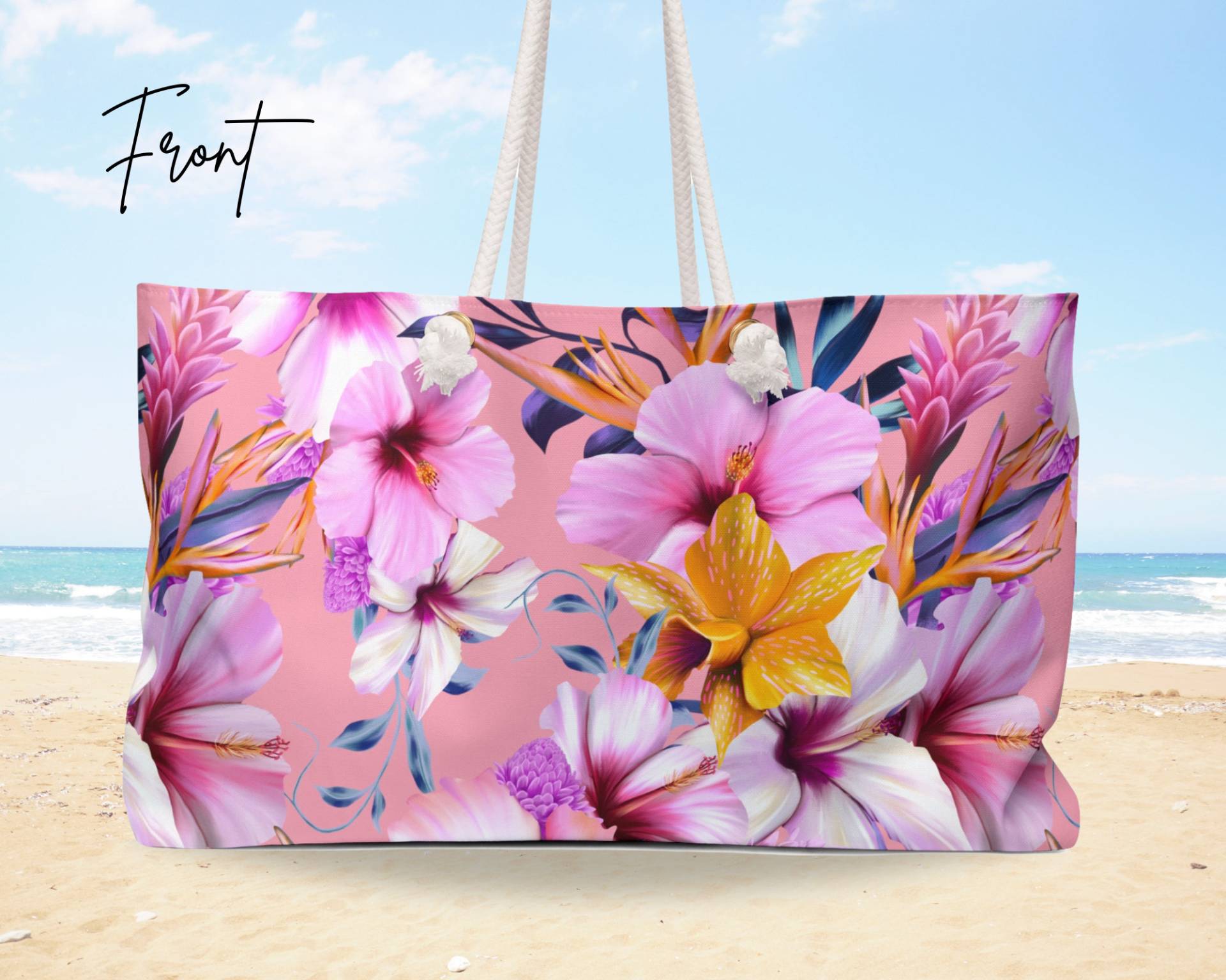 Large Beach Bag Floral Tote, Weekender Tote Beach, Tropical Flowers, Summer Bag, Gift For Her, #2 Pink Large Beach Bag Floral Tote, Weekender Tote Beach, Tropical Flowers, Summer Bag, Gift For Her, #2 Pink von Freestylebox