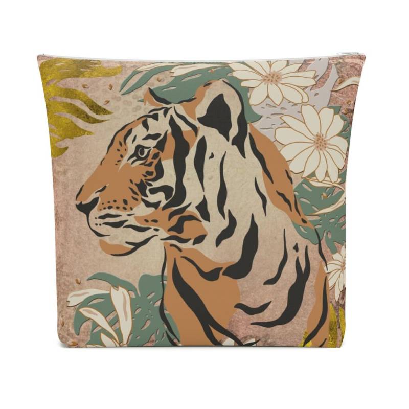 Tiger Portrait - Accessory Pouch | Boho Inspired Florals Jungle Artwork Chic Cosmetic Bag in Rich Design Tiger Portrait - Accessory Pouch | Boho Inspired Florals Jungle Artwork Chic Cosmetic Bag in Rich Design von Freestylebox