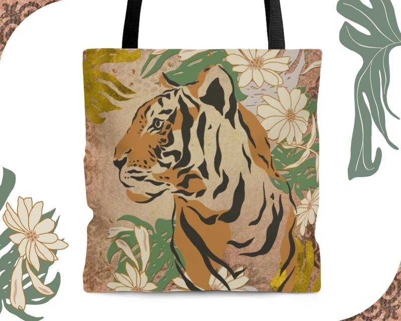 Tiger Portrait - Tote Bag | Boho Inspired On Florals Jungle Artwork Chic Shoulder Design Vintage von Freestylebox