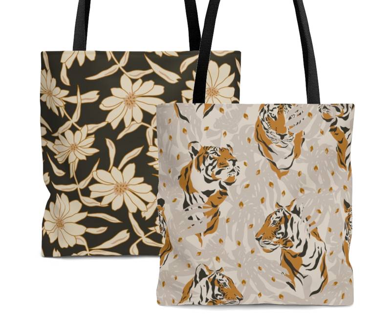 Tiger - Tote Bag | Jungle Style Front+Back Different Designs Jungle Magic Collection Designer 3 Sizes Black Lining von Freestylebox