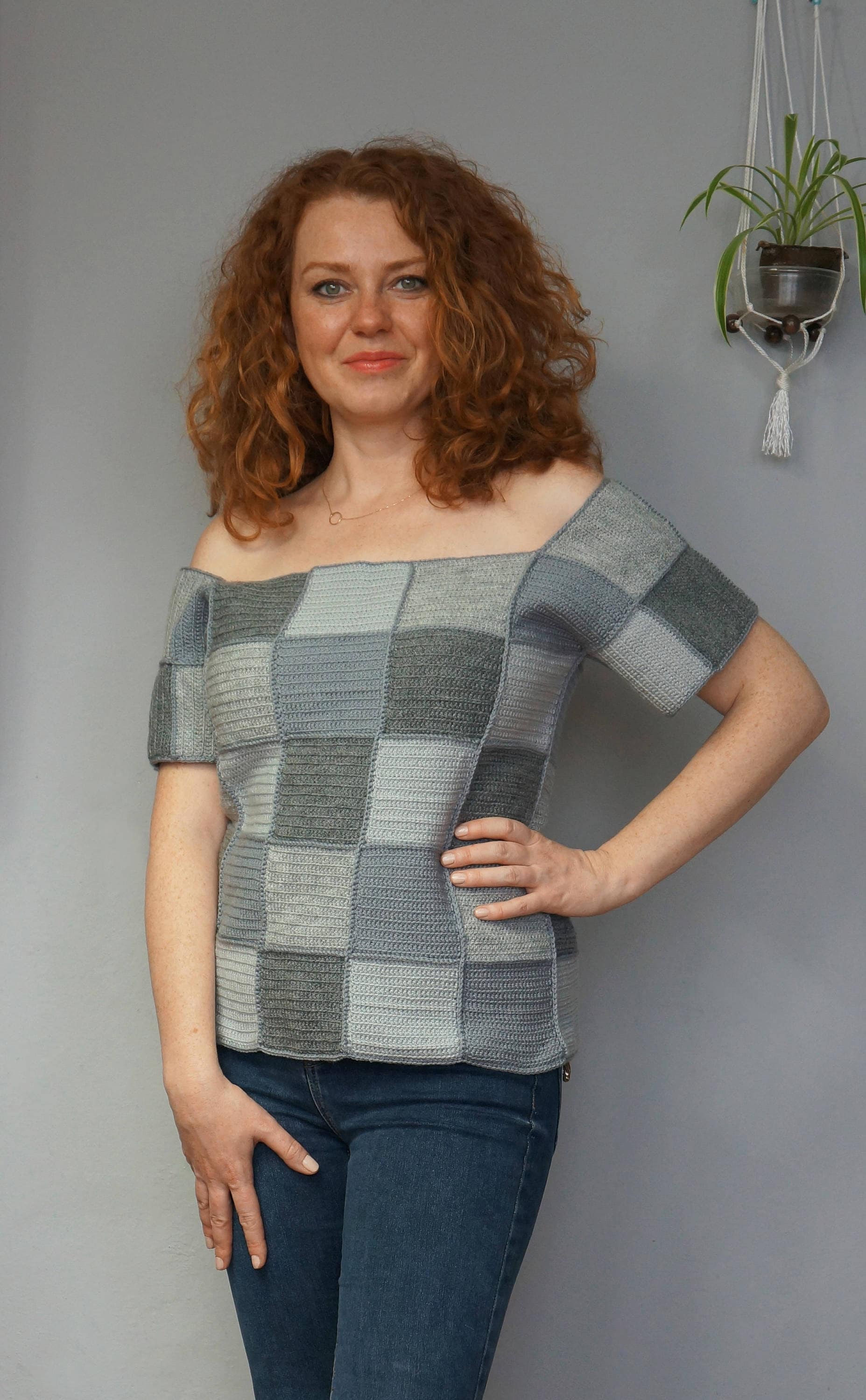 Grau Patchwork Frau Top Gehäkelt Handgemacht von FreezaDesign