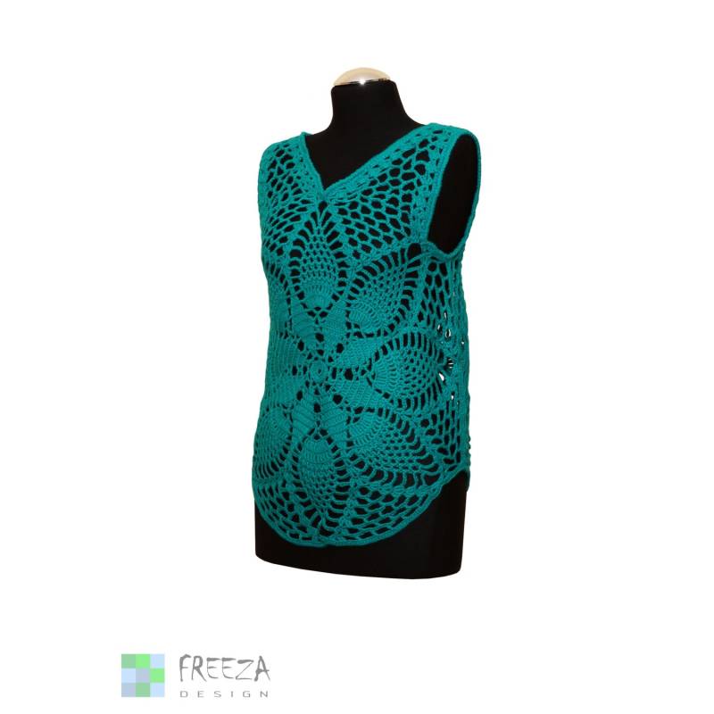 Türkis Durchbrochene Frau Top Mit Blumenmuster Häkeln Handgemacht von FreezaDesign