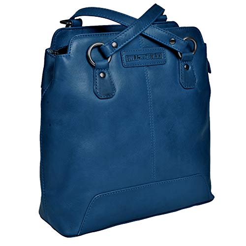 Damen Frauen Tasche Rucksack Lederrucksack | aus weichem hochwertigem Rindsleder - Bag Beutel | Umhängetaschen - Abendtasche | Handtasche - Schultertasche (Hill Burry) (Blau ohne Muster) von Fregery