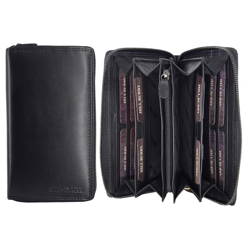 Hill Burry Damen Geldbörse Echtes Leder | Hochwertige Vintage Geldbörse mit Reißverschluss | Weiches Material und XL-Größe | Portmonee Geschenkbox Schwarz Black von Fregery