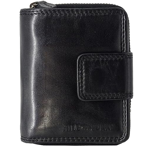 Hill Burry Damen-Geldbörse Frauen Klein | Mini Frauen-Portemonnaie aus echtem Leder | Kleine sichere RFID Damengeldbörse | Geldbeutel mit viele Kredit-Karten-Fächer (Waschleder schwarz) von Fregery