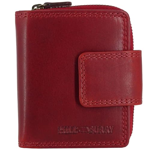 Hill Burry Damen-Geldbörse | Frauen-Portemonnaie echtes Leder Waschleder | Kleine sichere RFID Damengeldbörse | Geldbeutel viele Kredit-Karten-Fächer | Slim-Wallet Münzenfach (Rot ohne Muster) von Fregery