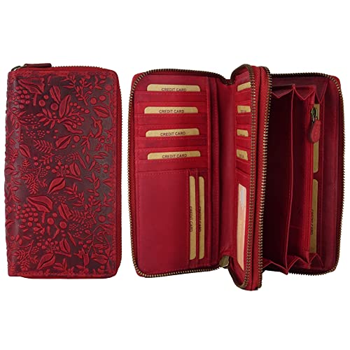 Hill Burry Geldbörse Frauen, XXL Groß Leder Geldbeutel Doppelter Reißverschluss mit RFID Schutz, Portemonnaie langes Portmonee für Damen, 27 Kartenfächer, 20x11x3,5cm (B x H x T) (Rot) von Fregery