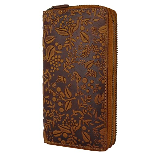 Hill Burry Geldbörse für Damen | XXL Groß Leder Geldbeutel Doppelter Reißverschluss RFID Schutz | Portemonnaie langes Portmonee | 27 Kartenfächer | 20x11x3,5cm (B x H x T) (Braun) von Fregery