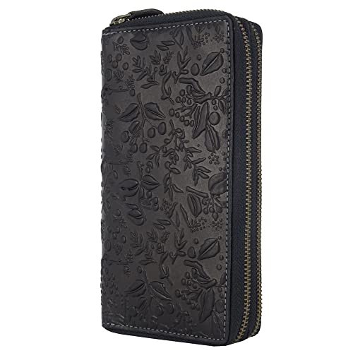 Hill Burry Geldbörse für Damen | XXL Groß Leder Geldbeutel Doppelter Reißverschluss RFID Schutz | Portemonnaie langes Portmonee | 27 Kartenfächer | 20x11x3,5cm (B x H x T) (Schwarz) von Fregery