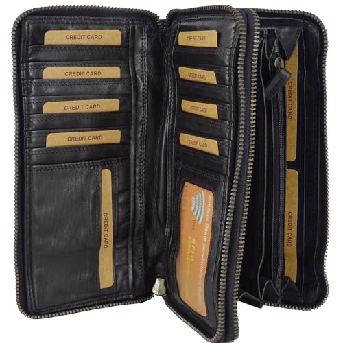 Hill Burry Geldbörse für Damen | XXL Groß Leder Geldbeutel Doppelter Reißverschluss RFID Schutz | Portemonnaie langes Portmonee | 27 Kartenfächer | 20x11x3,5cm (B x H x T) (Schwarz Waschleder) von Fregery