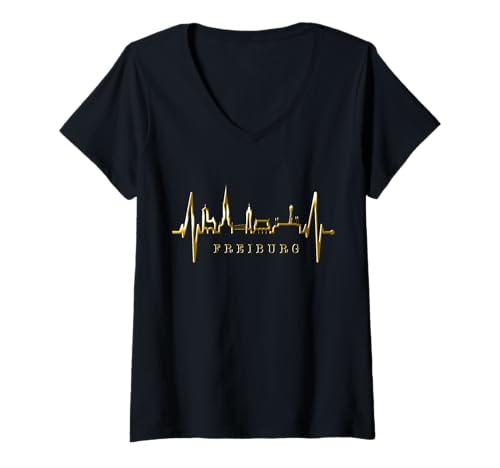 Damen Freiburg im Breisgau Skyline Herzschlag Herz Love Freiburger T-Shirt mit V-Ausschnitt Damen Freiburg im Breisgau Skyline Herzschlag Herz Love Freiburger T-Shirt mit V-Ausschnitt von Freiburger Skylines für echte Freiburg Fans