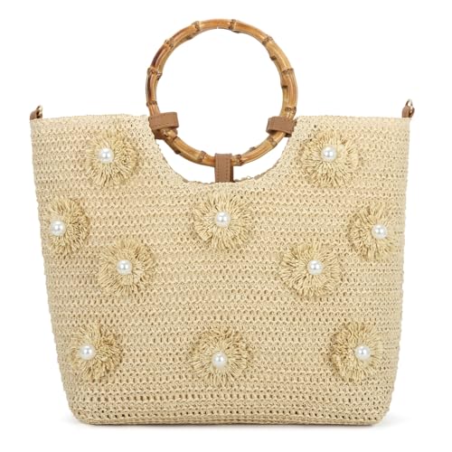 Freiesoldaten Blumen Perlen Stroh Tote Tasche für Frauen Große Sommer Strand gewebt Top Handle Handtasche mit Verstellbarem Riemen von Freiesoldaten