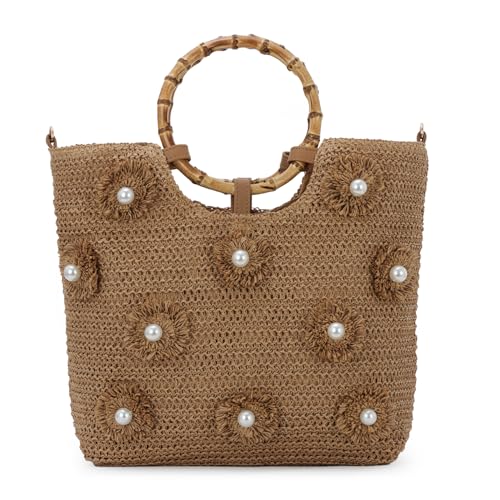 Freiesoldaten Blumen Perlen Stroh Tote Tasche für Frauen Große Sommer Strand gewebt Top Handle Handtasche mit Verstellbarem Riemen von Freiesoldaten