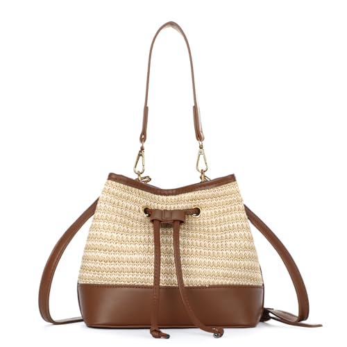 Freiesoldaten Stroh Eimer Tasche Kordelzug Umhängetasche für Frauen Sommer Handgeflochten Strand Urlaub Handtasche Umhängetasche von Freiesoldaten