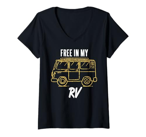 Damen Frei In Meinem RV Camping Roadtrip Minimalistisch T-Shirt mit V-Ausschnitt Damen Frei In Meinem RV Camping Roadtrip Minimalistisch T-Shirt mit V-Ausschnitt von Freiheitsliebende Van-Fans Unterwegs und Glücklich