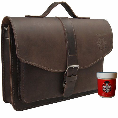 Freiherr von Maltzahn A4 Aktentasche HUBBLE, 38 cm, braun, Bio-Leder, Made in Germany + Lederpflege von Freiherr von Maltzahn