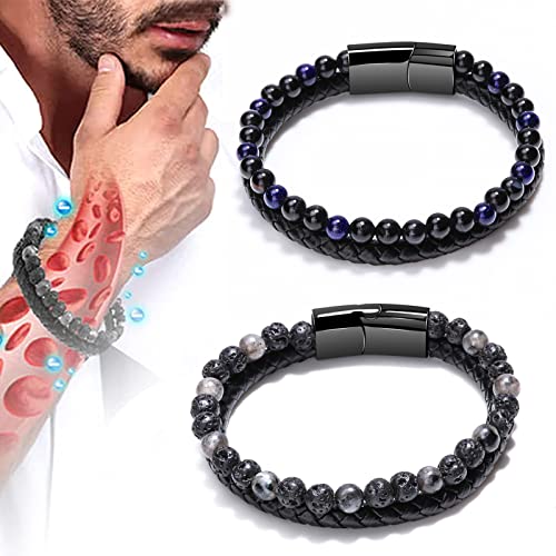 Frenaki 2/4Pcs Humanic+ MAXHematie Perlenarmbänder, Humanic+ Trio MAXHematie Perlenarmbänder, Humanic+ Pro MAXHematie Perlenarmbänder, Schwarzes Lavagestein-Armband für Herren (B,19cm) von Frenaki