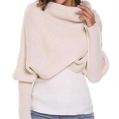 Häkel-Strickschal mit Ärmeln, Herbst-Winter-warmer gestrickter Häkelschal-Wickelschal-Umhang, warmer einfarbiger Strick-Wickel, vielseitig einsetzbare Strickpullover-Oberteile (Beige) von Frenaki