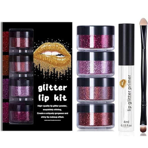 Sheglittary Glitter Lip Kit, Sheglittary 4 Color Glitter Lippenstift mit Lippenprimer und Pinsel, Diamond Shiny Lippenpulver Set, Funkelnder Lipgloss, Langlebig wasserdicht (1PCS-A) von Frenaki