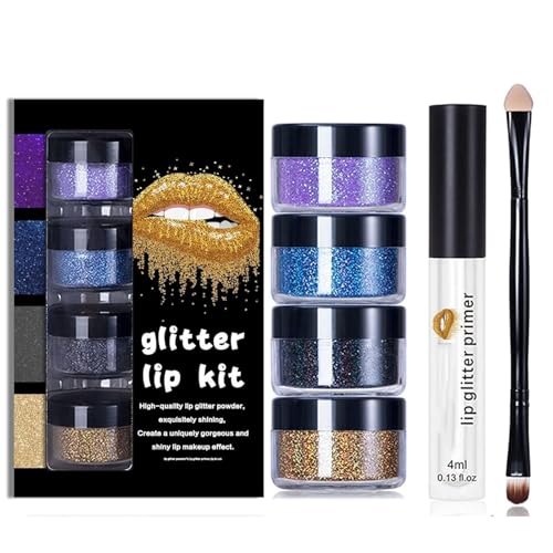 Sheglittary Glitter Lip Kit, Sheglittary 4 Color Glitter Lippenstift mit Lippenprimer und Pinsel, Diamond Shiny Lippenpulver Set, Funkelnder Lipgloss, Langlebig wasserdicht (1PCS-B) von Frenaki