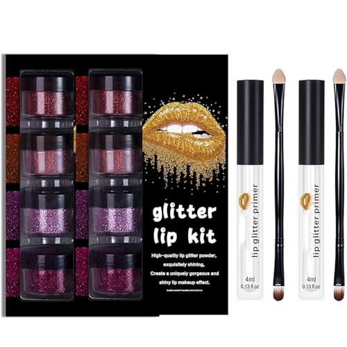 Sheglittary Glitter Lip Kit, Sheglittary 4 Color Glitter Lippenstift mit Lippenprimer und Pinsel, Diamond Shiny Lippenpulver Set, Funkelnder Lipgloss, Langlebig wasserdicht (2PCS-A) von Frenaki