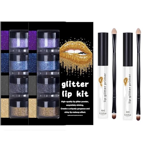 Sheglittary Glitter Lip Kit, Sheglittary 4 Color Glitter Lippenstift mit Lippenprimer und Pinsel, Diamond Shiny Lippenpulver Set, Funkelnder Lipgloss, Langlebig wasserdicht (2PCS-B) von Frenaki