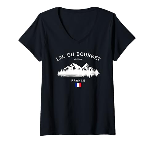 Damen Lac du Bourget Savoie France Mountain Resort Französische Flagge T-Shirt mit V-Ausschnitt von French Alps Lakes Souvenir Shop