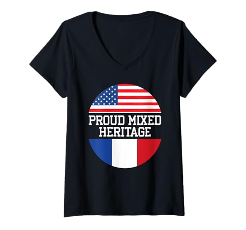Damen Halb Französisch Halb Amerikanische USA Flagge Frankreich Amerikan T-Shirt mit V-Ausschnitt Damen Halb Französisch Halb Amerikanische USA Flagge Frankreich Amerikan T-Shirt mit V-Ausschnitt von French American USA Flag France Country