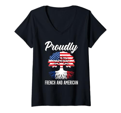 Damen Halb Französisch Halb Amerikanische USA Flagge Frankreich Amerikan T-Shirt mit V-Ausschnitt Damen Halb Französisch Halb Amerikanische USA Flagge Frankreich Amerikan T-Shirt mit V-Ausschnitt von French American USA Flag France Country