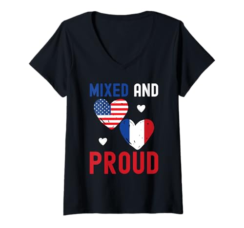 Damen Halb Französisch Halb Amerikanische USA Flagge Frankreich Amerikan T-Shirt mit V-Ausschnitt Damen Halb Französisch Halb Amerikanische USA Flagge Frankreich Amerikan T-Shirt mit V-Ausschnitt von French American USA Flag France Country