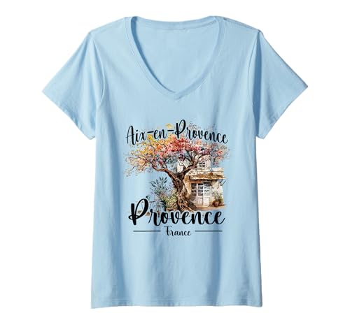 Damen Aix-en-Provence France Côte D'Azur Französisches Café Aquarell T-Shirt mit V-Ausschnitt Damen Aix-en-Provence France Côte D'Azur Französisches Café Aquarell T-Shirt mit V-Ausschnitt von French Art Paul Cézanne Aix-en-Provence