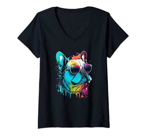 Damen Bunte französische Bulldogge Haustier-Sonnenbrille für Hundebesitzer T-Shirt mit V-Ausschnitt Damen Bunte französische Bulldogge Haustier-Sonnenbrille für Hundebesitzer T-Shirt mit V-Ausschnitt von French Bulldog Apparel & Gifts Shop